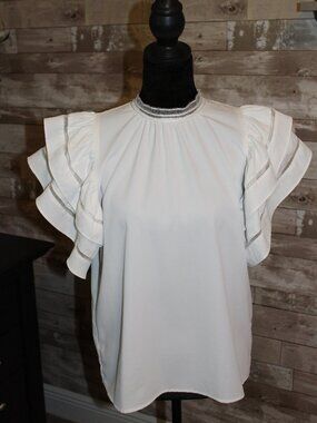 Fun Flirty Double the Ruffle Sleeved White Cream Top High Neck Lace Trim Casual